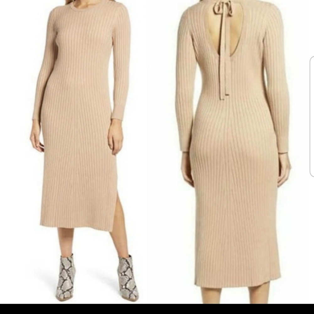 WAYF Dede & Emily BFF Hollie Camel Long Sleeve Ribbed Sweater Dress XS NWT